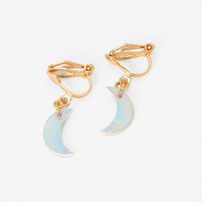 Gold Holographic Moon Clip On Drop Earrings,