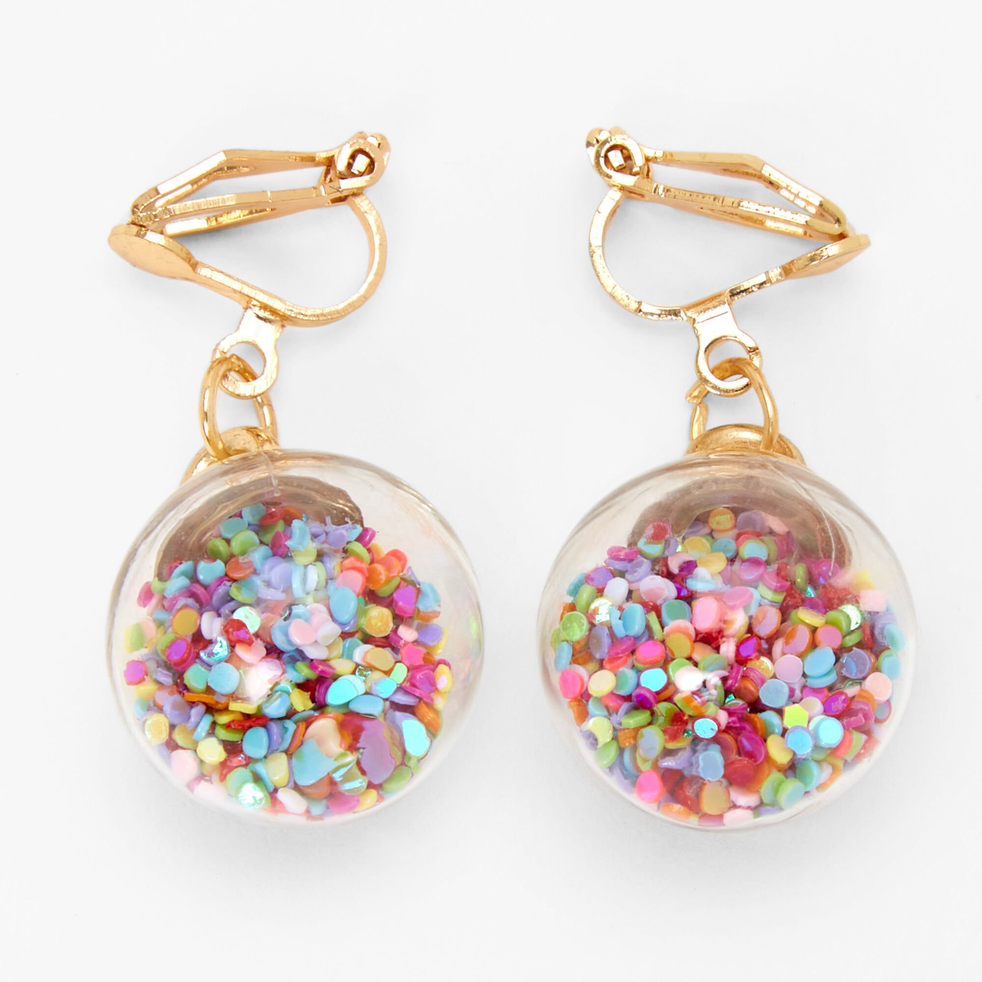 Gold 1" Confetti Shaker Clip On Drop Earrings,