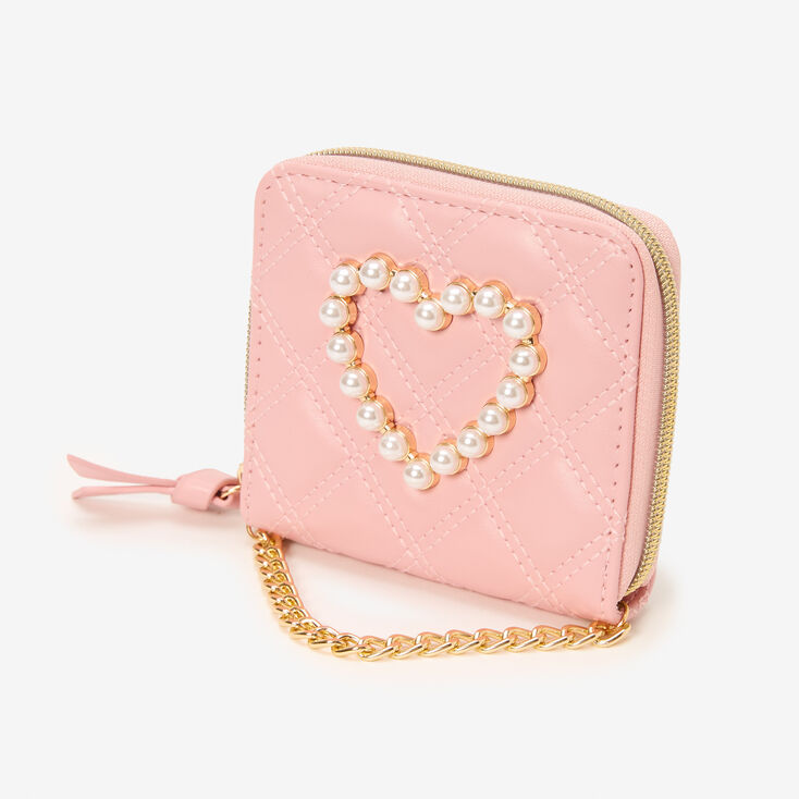 Pearl Heart Pink Quilted Mini Zip Wallet