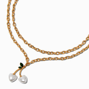 Gold-tone Pearl Cherry Chain Multi-Strand Necklace,