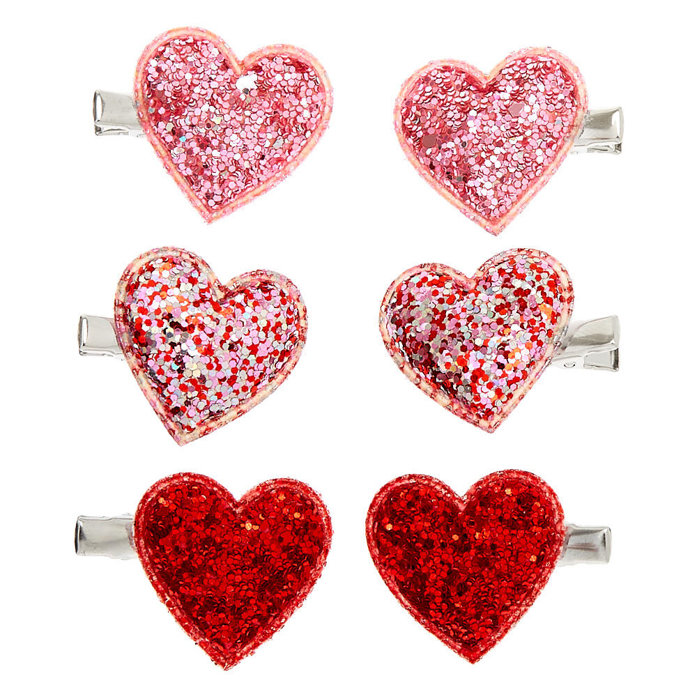 Glitter Heart Hair Clips - 6 Pack,