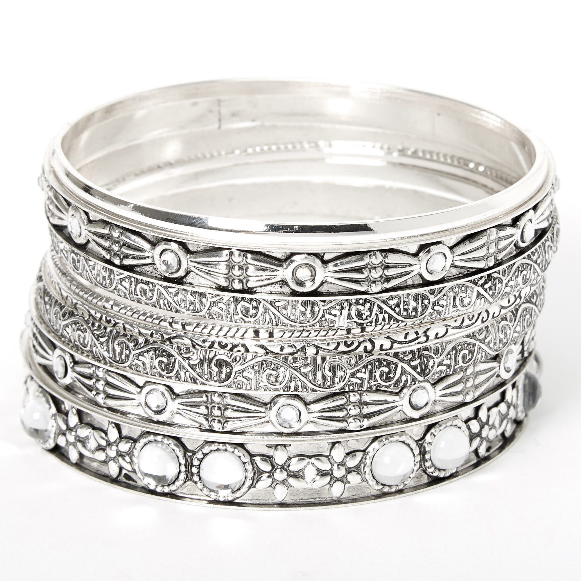 Silver Clear Stone Filigree Bangle Bracelets - 8 Pack,