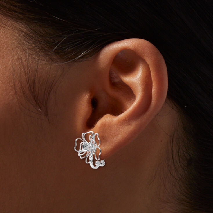 Silver Wire Flower Clip-On Stud Earrings,