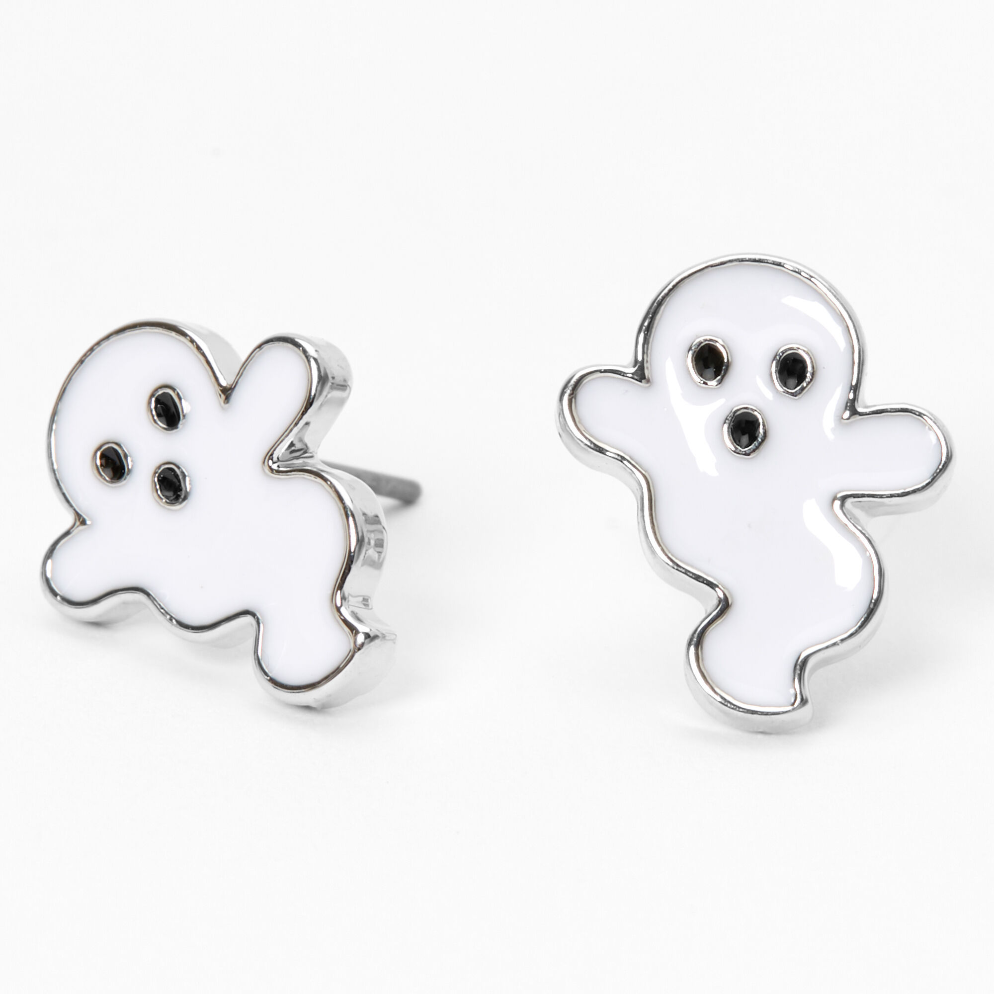 Silver Ghost Stud Earrings - White,