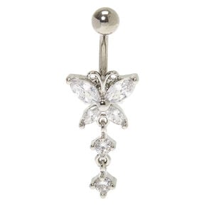 Silver Cubic Zirconia 14G Crystal Butterfly Belly Ring,