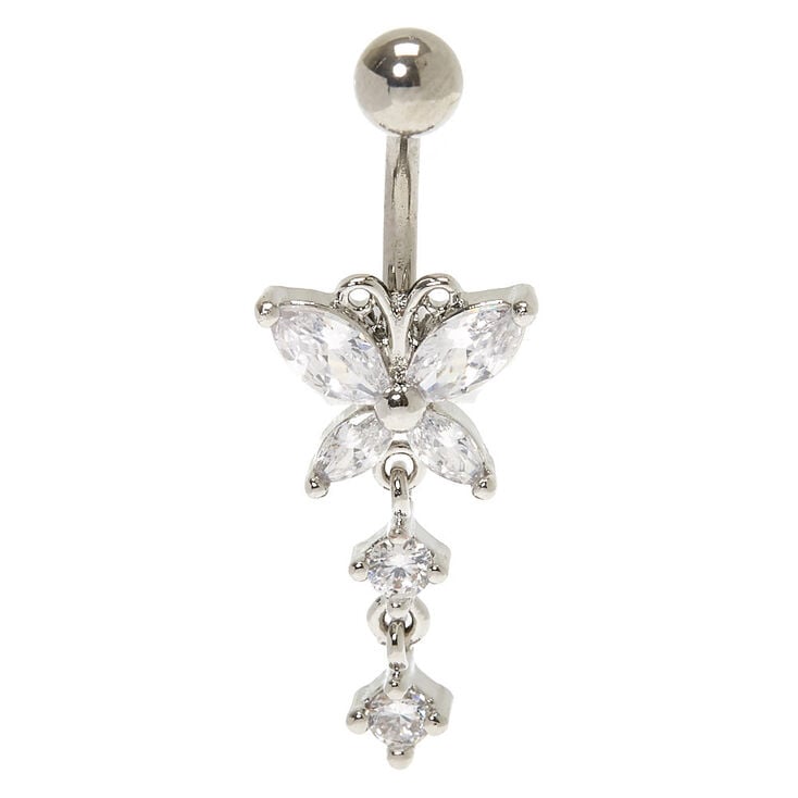 Silver-tone Cubic Zirconia 14G Crystal Butterfly Belly Ring,