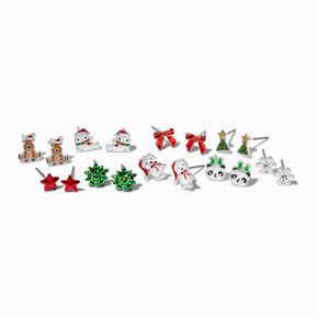 Christmas Silver Critter Stud Earrings - 9 Pack,