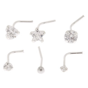 22G Sterling Silver Cubic Zirconia Mixed Nose Studs - 6 Pack,