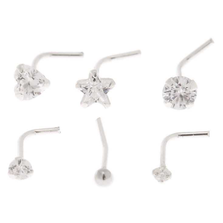 22G Sterling Silver Cubic Zirconia Mixed Nose Studs - 6 Pack,