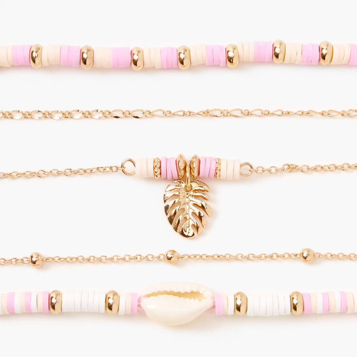 Gold Disc Seashell Chain Bracelets - Pink, 5 Pack,