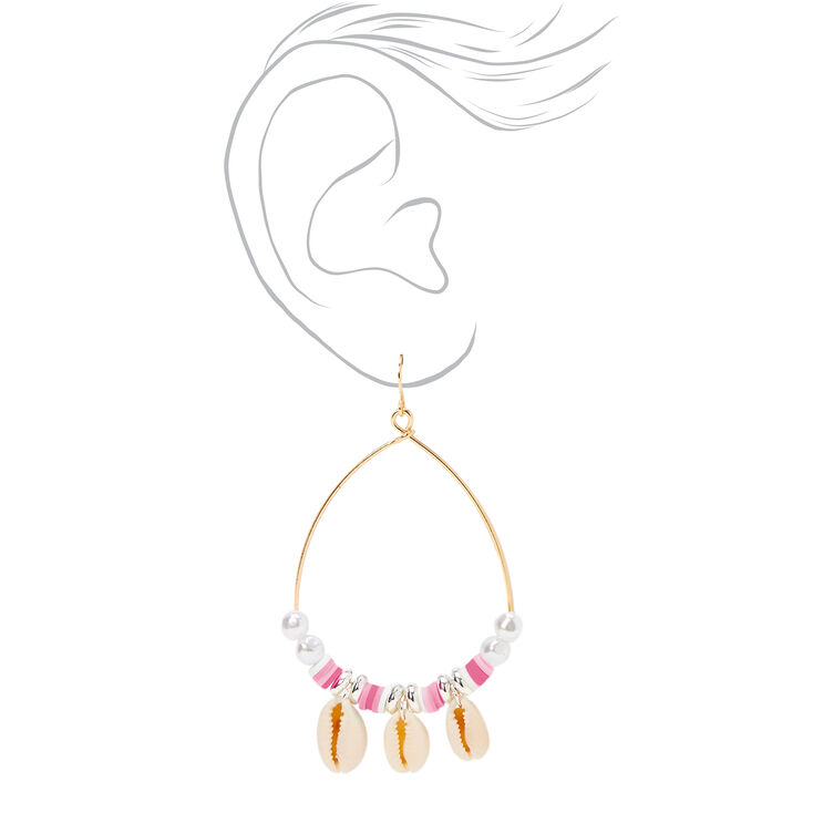 Gold 4&quot; Cowrie Seashell &amp; Disc Hoop Earrings - Pink,