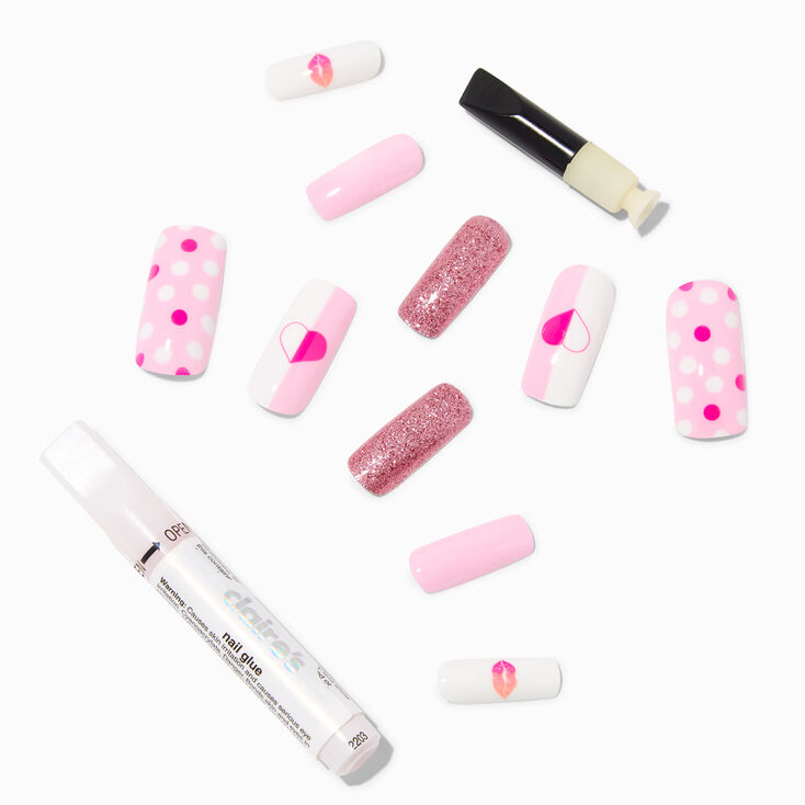 Pink Polka Dot Heart Long Square Vegan Faux Nail Set - 24 Pack,