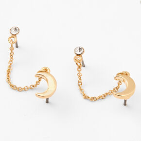 Gold Crescent Moon Crystal Connector Chain Stud Earrings,