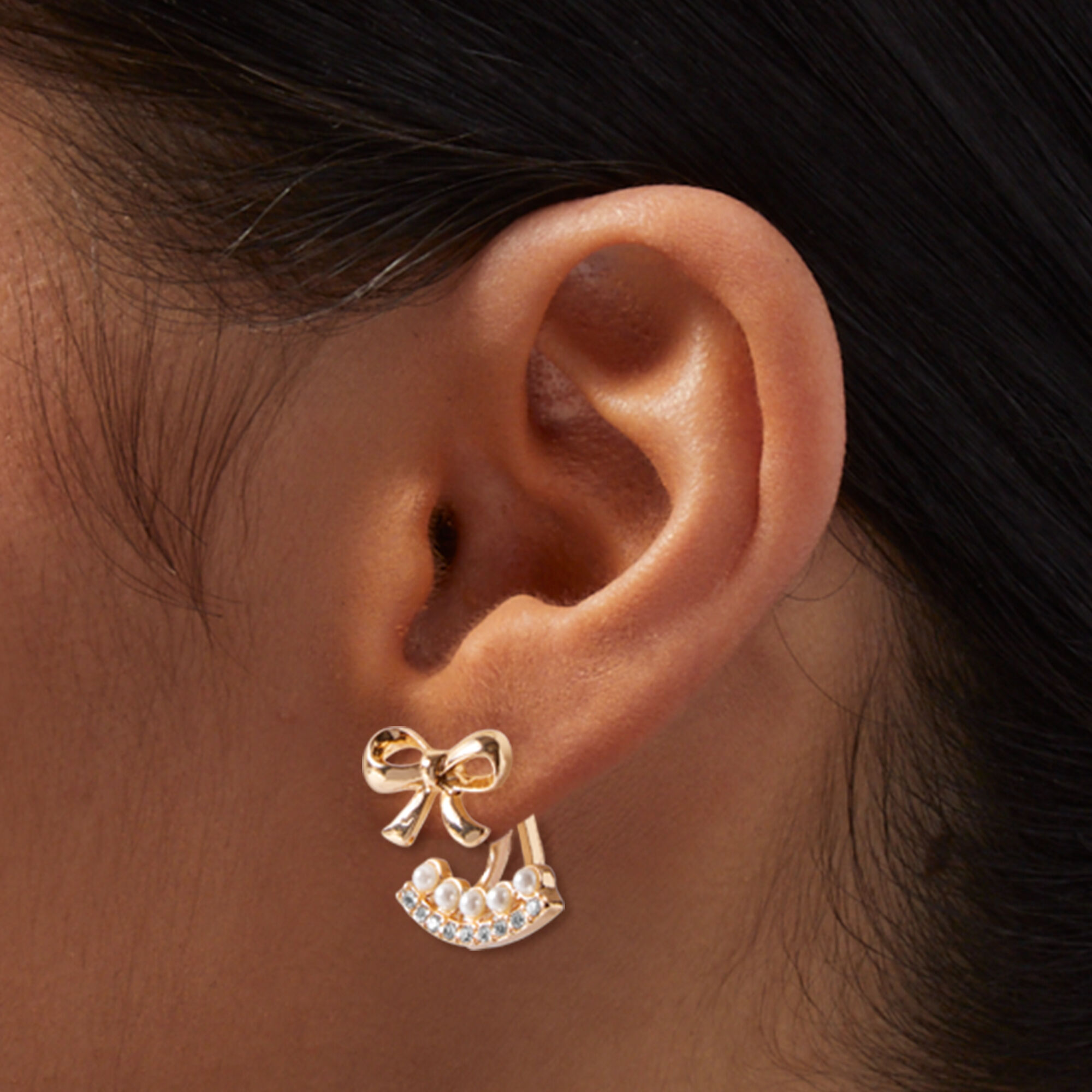 Gold tone Pearl Crystal Bow Front Back Earrings Claire s