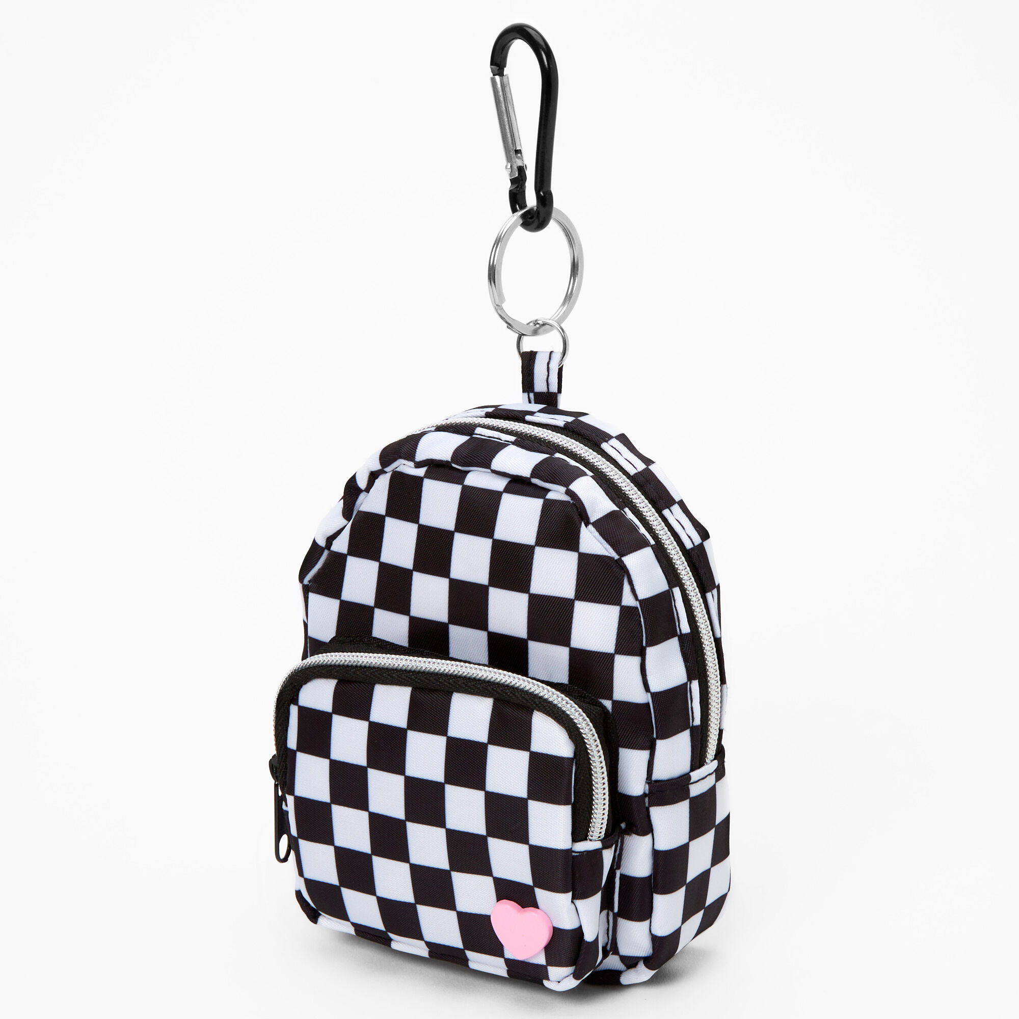 Black White Checkered Heart Mini Backpack Keyring