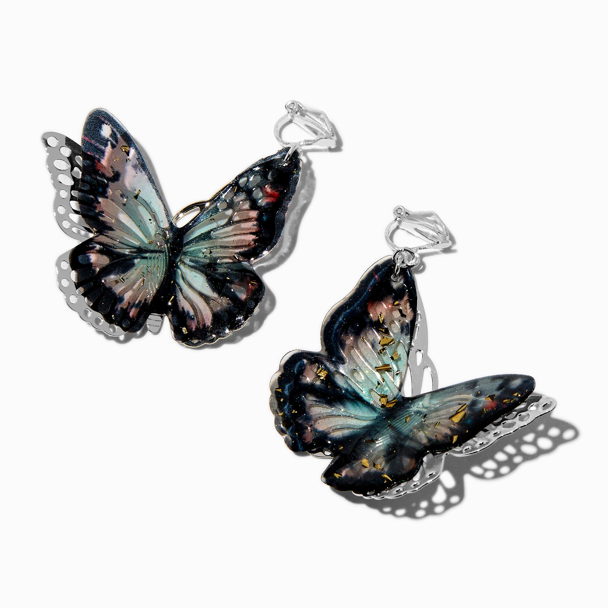 Black Filigree Butterfly 3D Clip-On Drop Earrings,