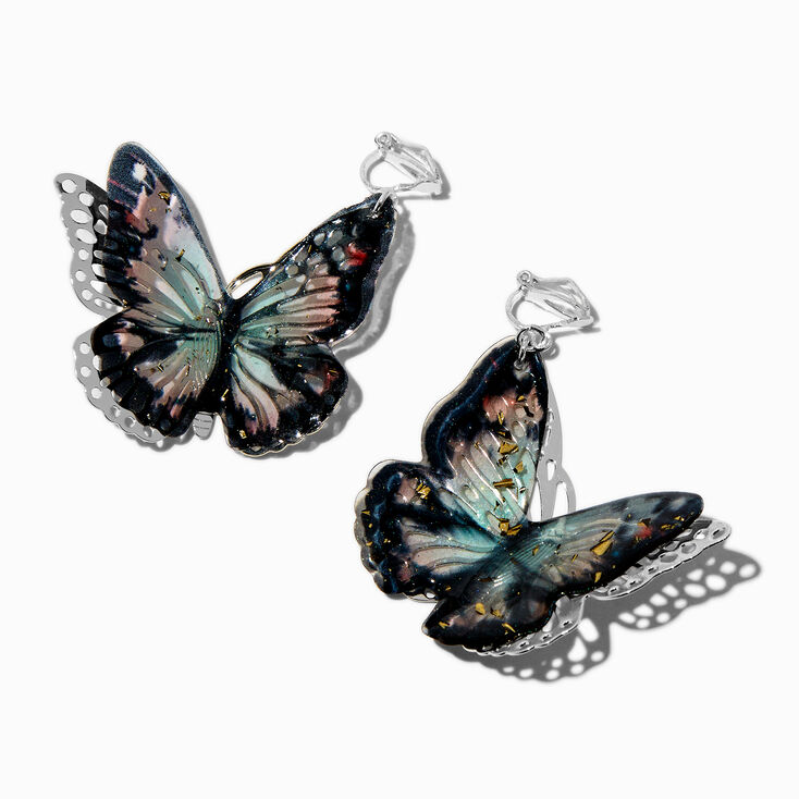 Black Filigree Butterfly 3D Clip-On Drop Earrings,