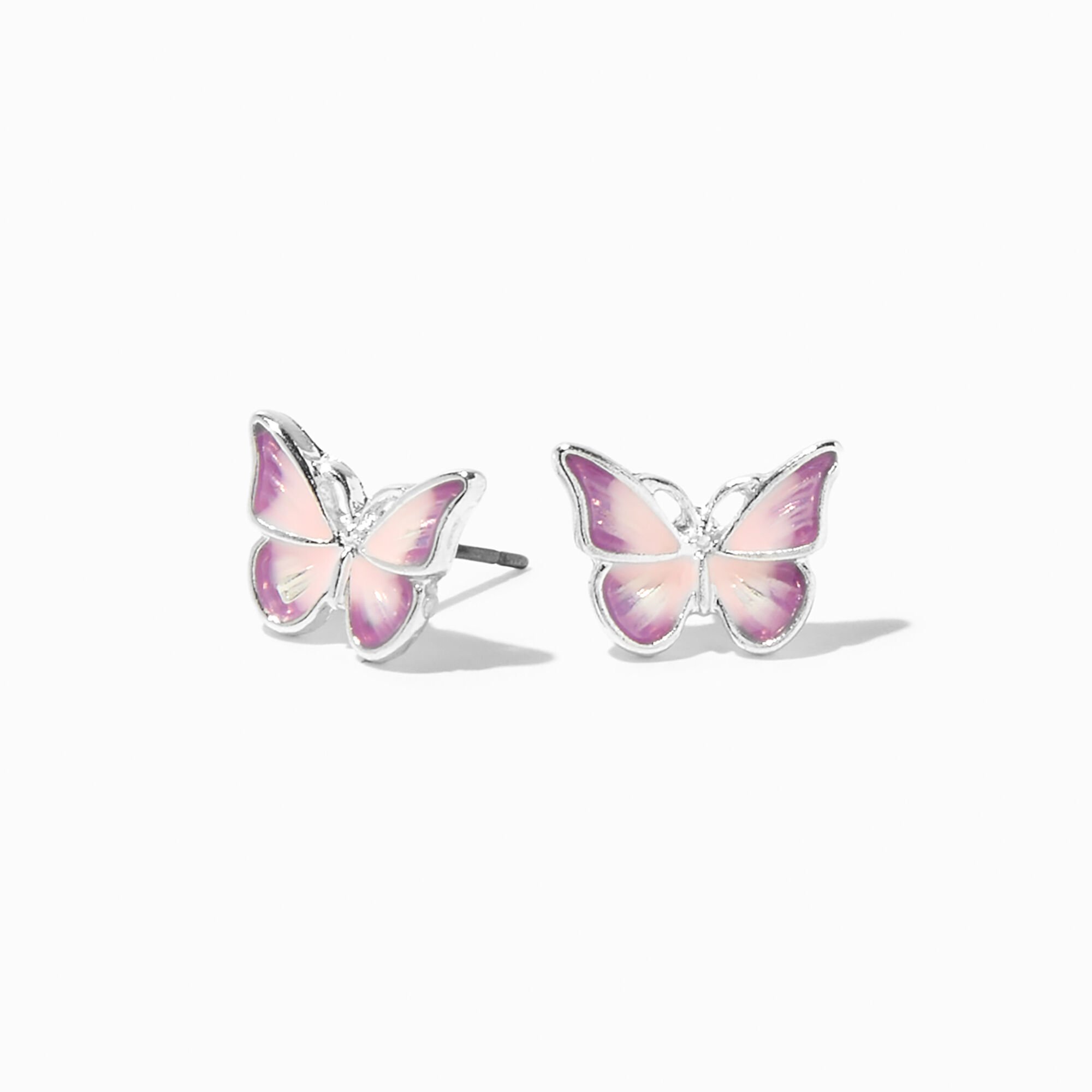 View Claires Silver Ombré Purple Butterfly Stud Earrings Pink information