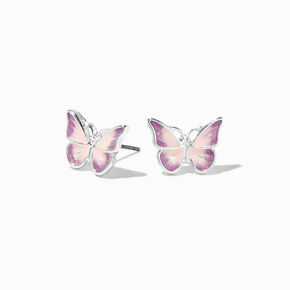 Silver Ombr&eacute; Pink &amp; Purple Butterfly Stud Earrings,