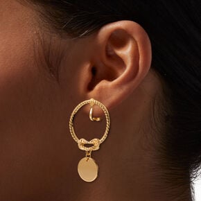 Gold-tone Rope Tie Circle 2&quot; Clip-On Drop Earrings ,