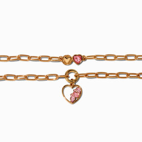 Pink Gem Heart Charm Gold-tone Paperclip Chain Bracelets- 2 Pack,