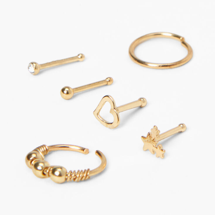 20G Gold-tone Stainless Steel Star Heart Mixed Nose Rings - 6 Pack,