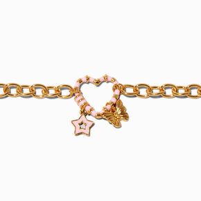 Gold-tone Pink Heart Link Chain Bracelet,