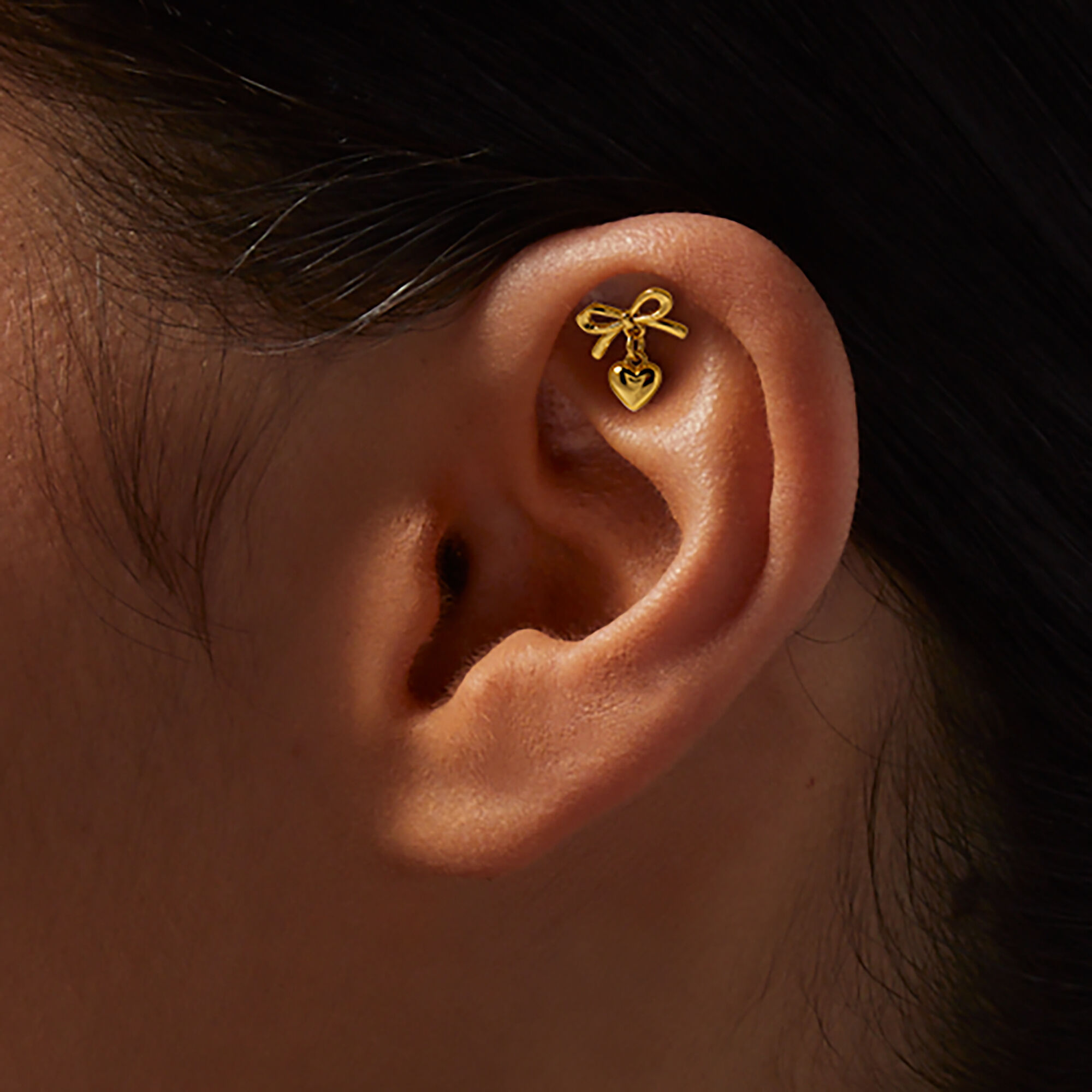 Gold-tone Sterling Silver Bow Heart 22G Threadless Flat Back & Clicker Helix Earrings - 3 Pack,