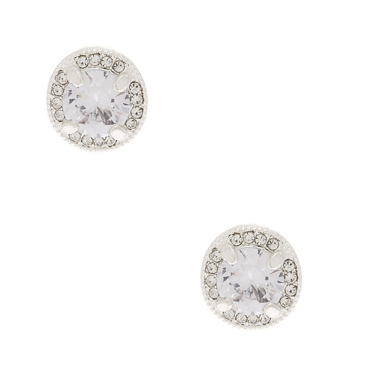Silver Cubic Zirconia Halo Round Stud Earrings,