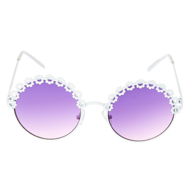 Lunettes de soleil rondes et blanches &agrave; motif floral,