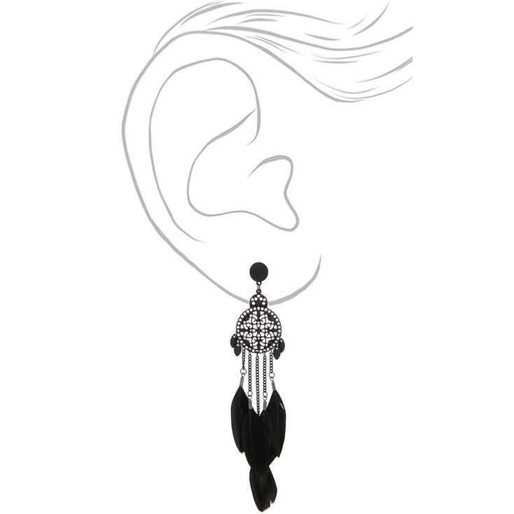 5&quot; Feather Medallion Drop Earrings - Black,