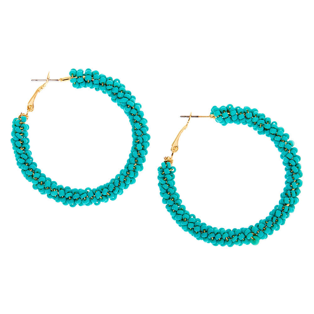 Gold 50MM Beaded Hoop Earrings - Turquoise,
