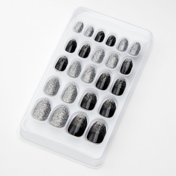 Faux ongles autocollants stiletto noirs et argent&eacute;s avec d&eacute;grad&eacute; de couleur - Lot de 24,