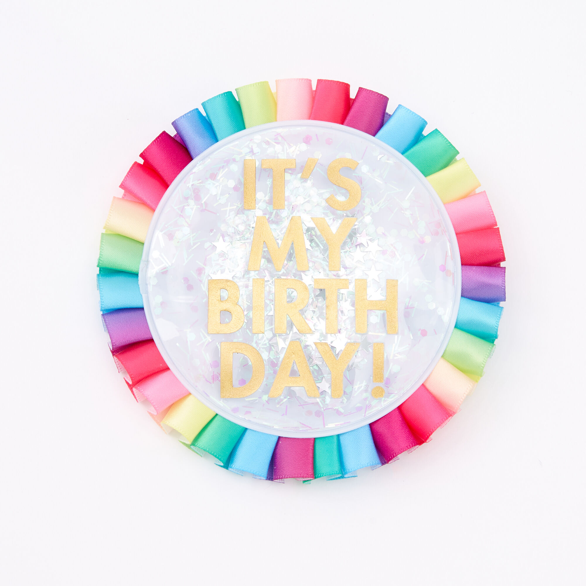 View Claires Its My Birthday Confetti Rainbow Button Gold information