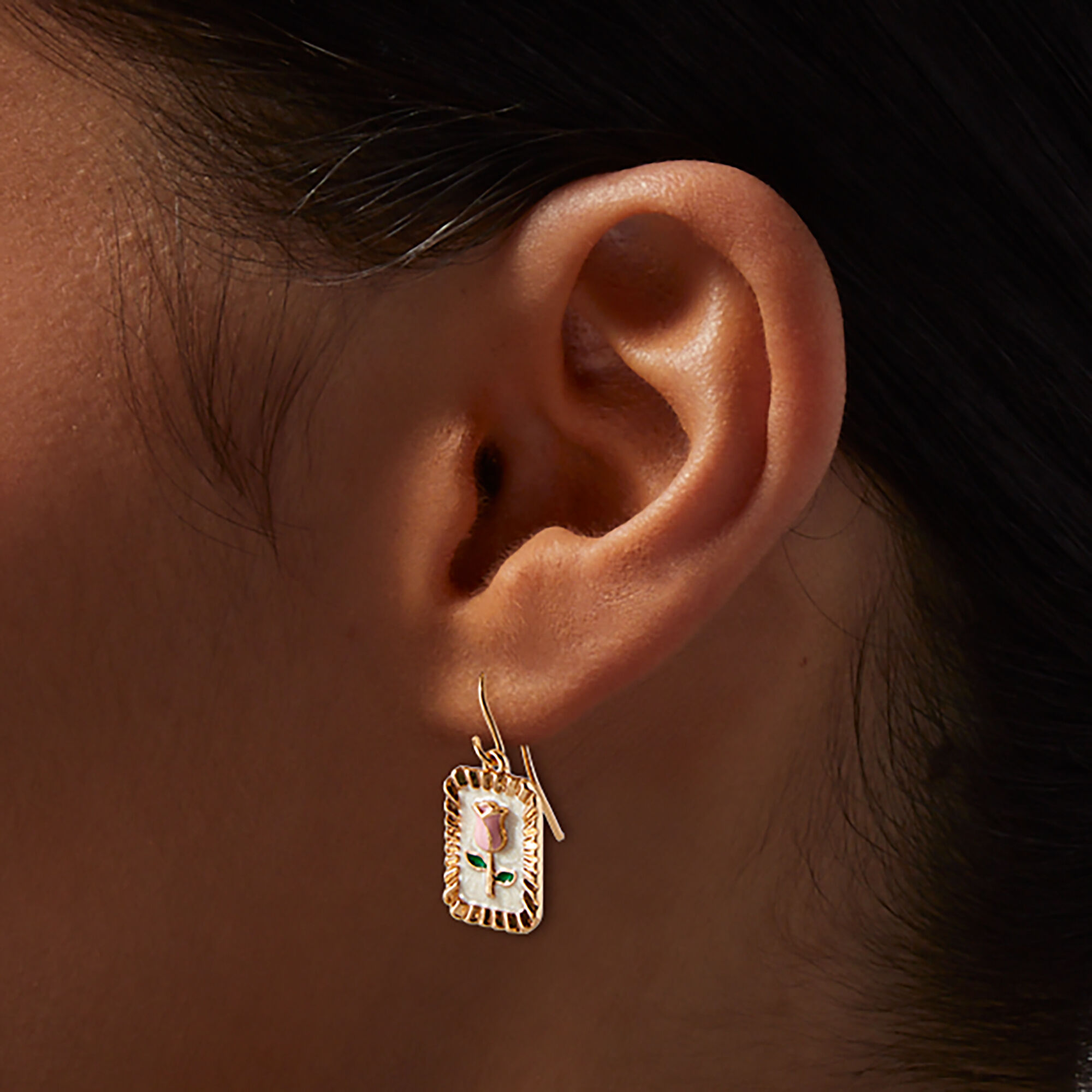 Pink Enamel Rose Medallion Drop Earrings,