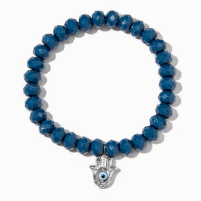 Silver Hamsa Hand Blue Beaded Stretch Bracelet,