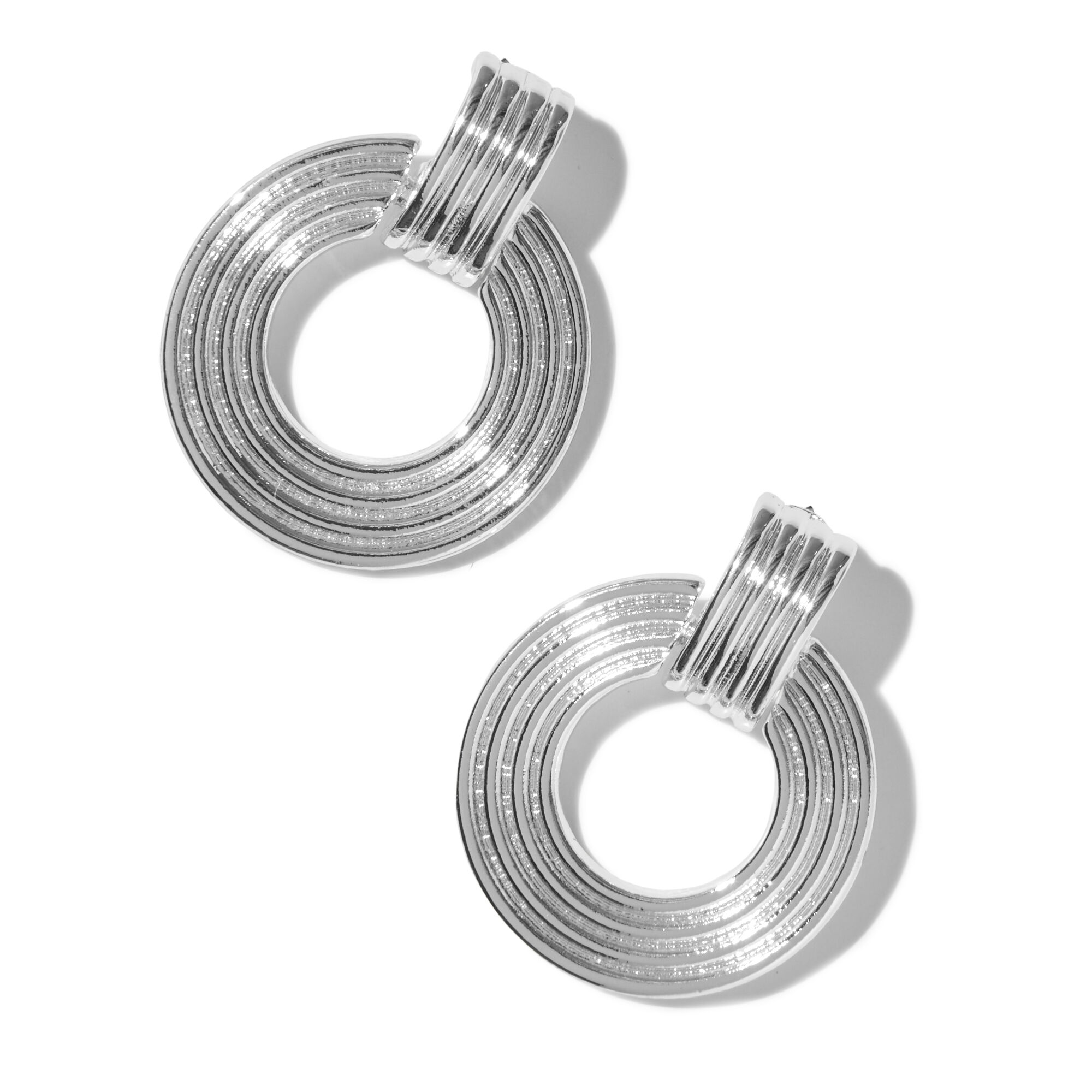Silver-tone Ridged Doorknocker Drop Earrings,