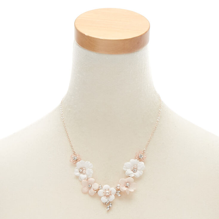 Rose Gold Rhinestone &amp; Pearl Floral Statement Necklace - Blush,