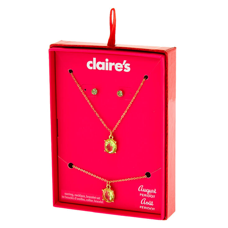 Claire's Coffret cadeau parure de bijoux pierre de naissance du mois d’août - Péridot d’imitation, lot de 3