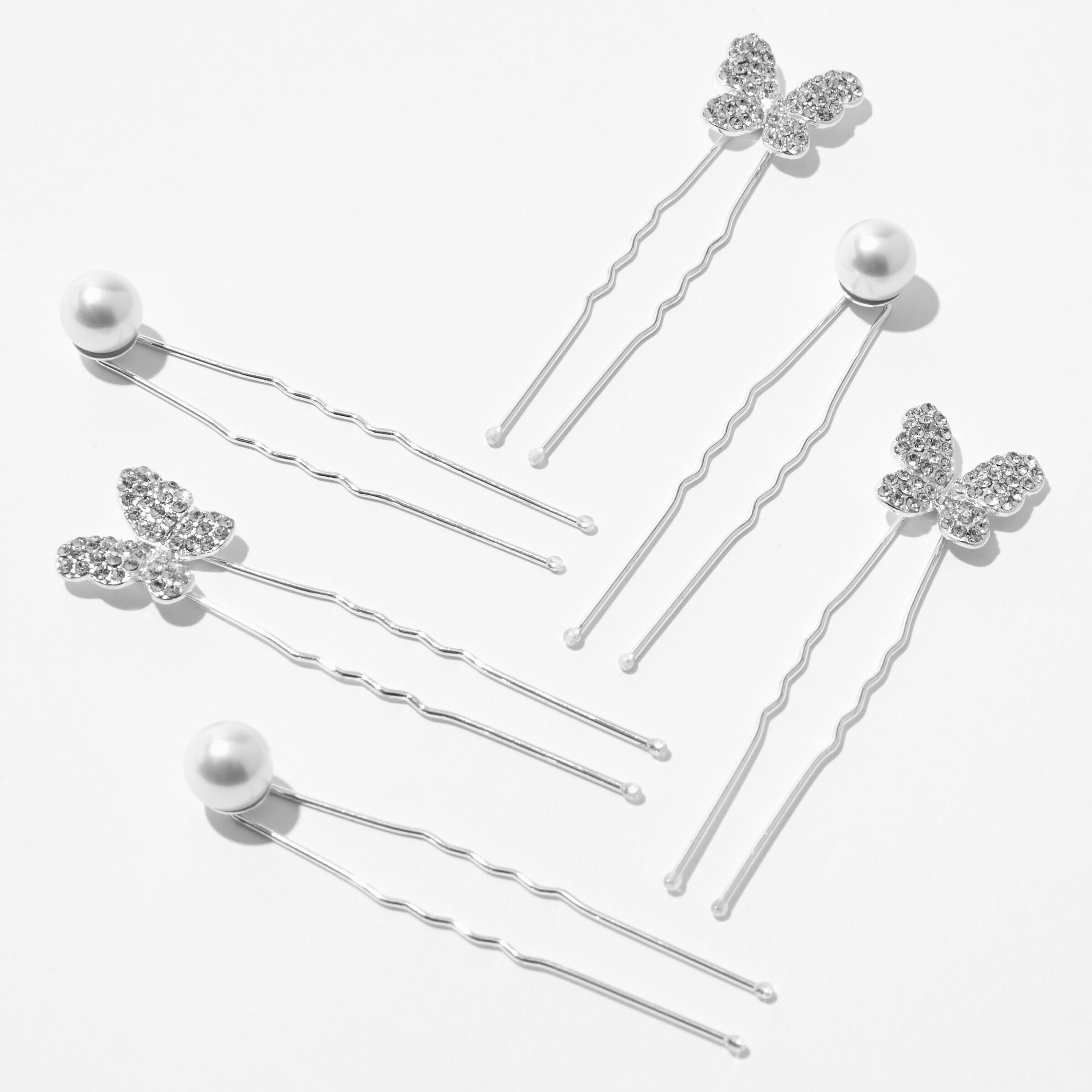 Silver Pavé Butterfly & Pearl Hair Pins - 6 Pack,