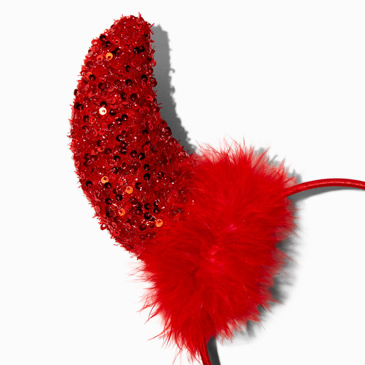 Serre-t&ecirc;te &agrave; sequins et plumes cornes de diable rouge,