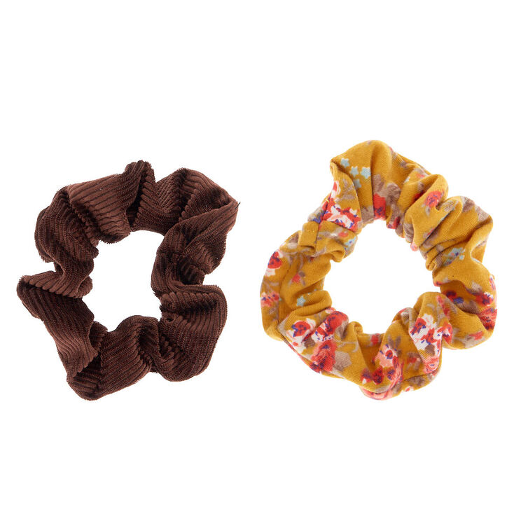 Small Bronzed Floral Velvet Hair Scrunchies - Mustard, 2 Pack,