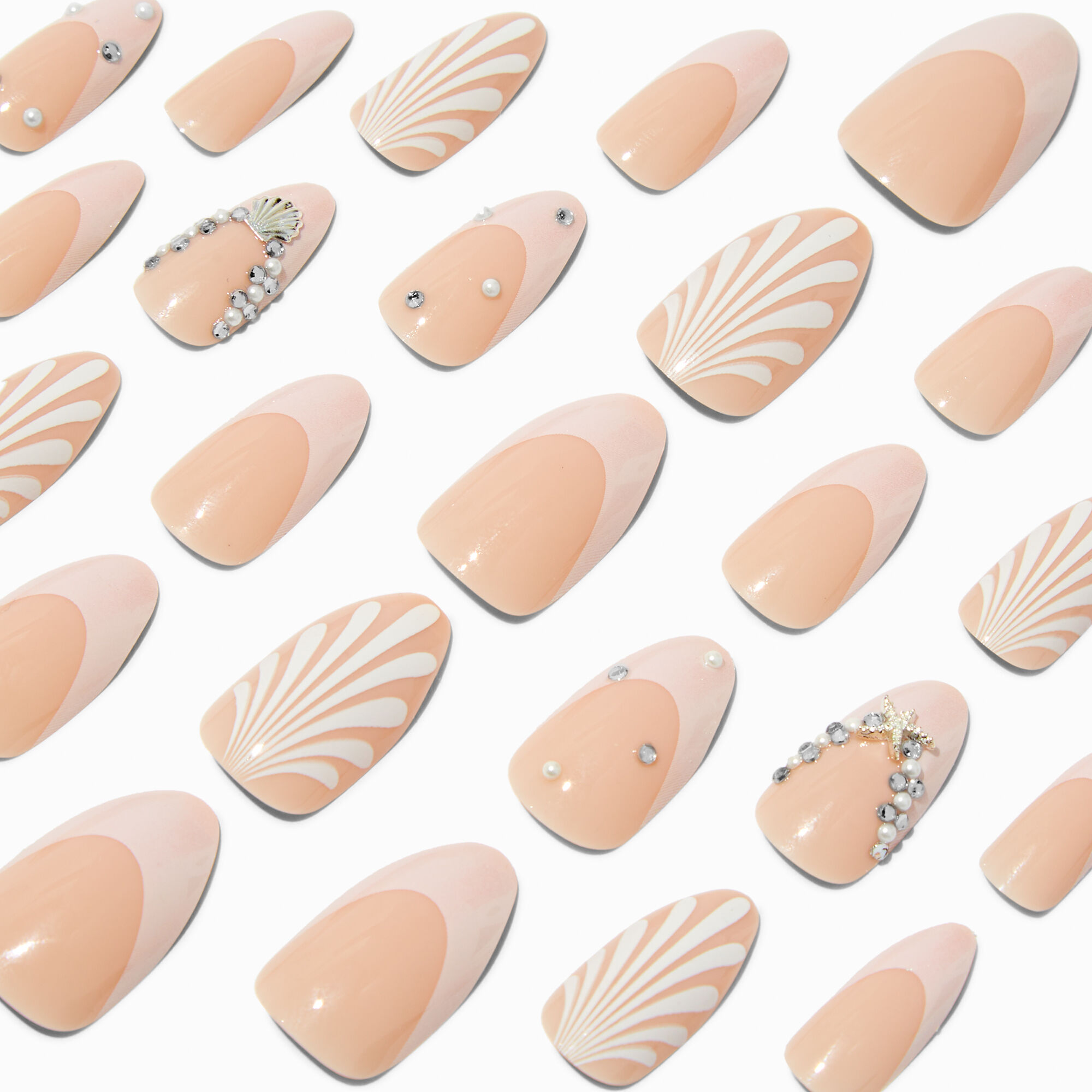 View Claires Bling Shells Pearls Almond Vegan Faux Nail Set 24 Pack information