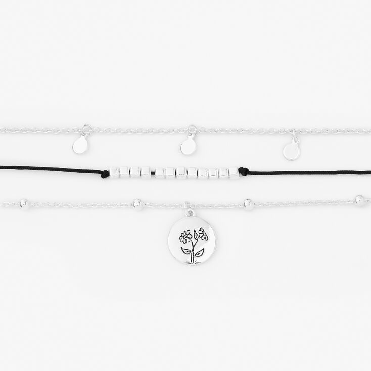 Silver &amp; Black Flower Geometric Chain Bracelets - 3 Pack,