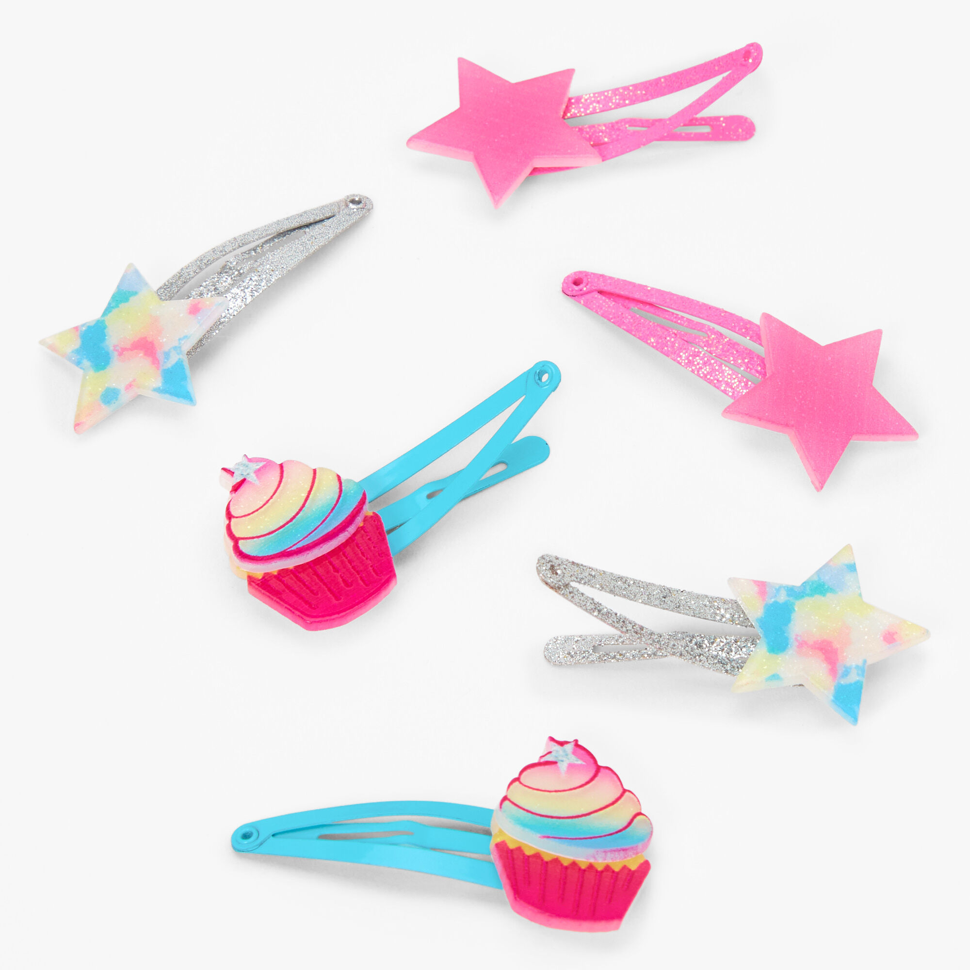 View Claires Club TieDye Snap Hair Clips 6 Pack Rainbow information