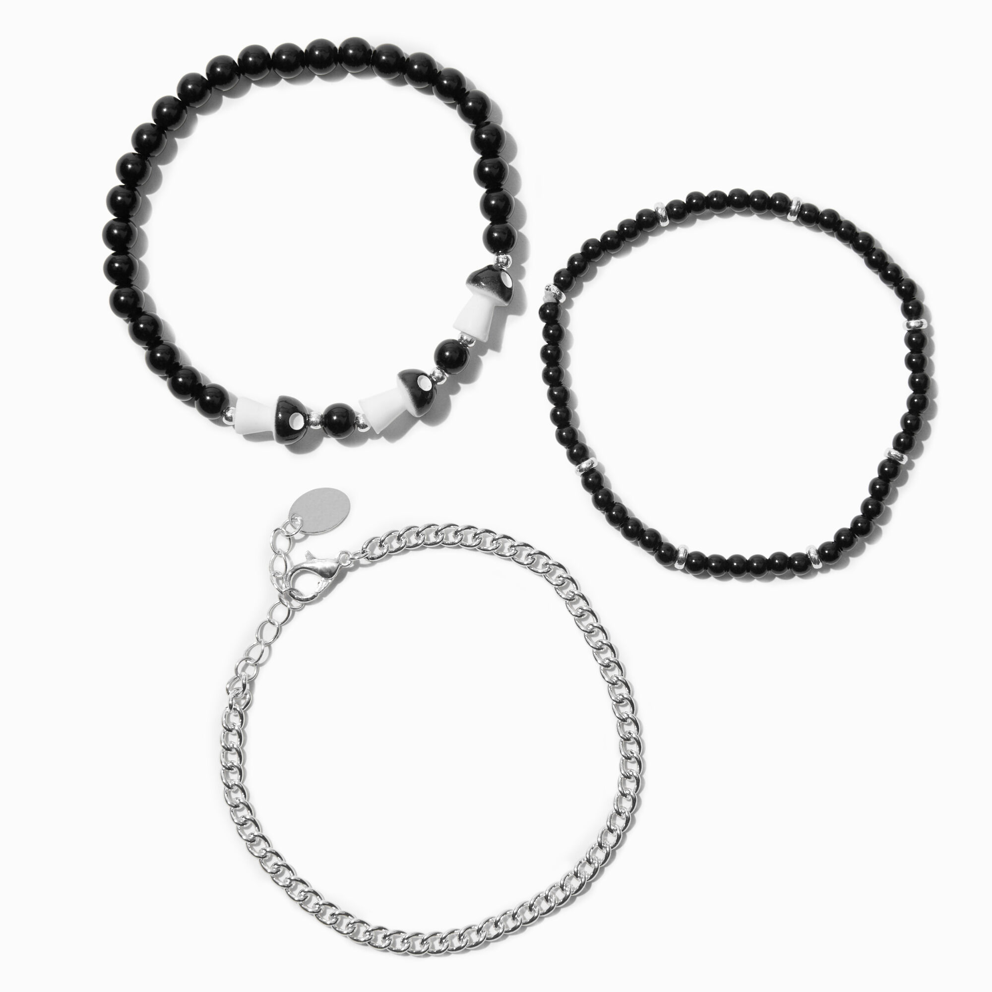 View Claires Mushroom Beaded Curb Chain Bracelet Set 3 Pack Black information