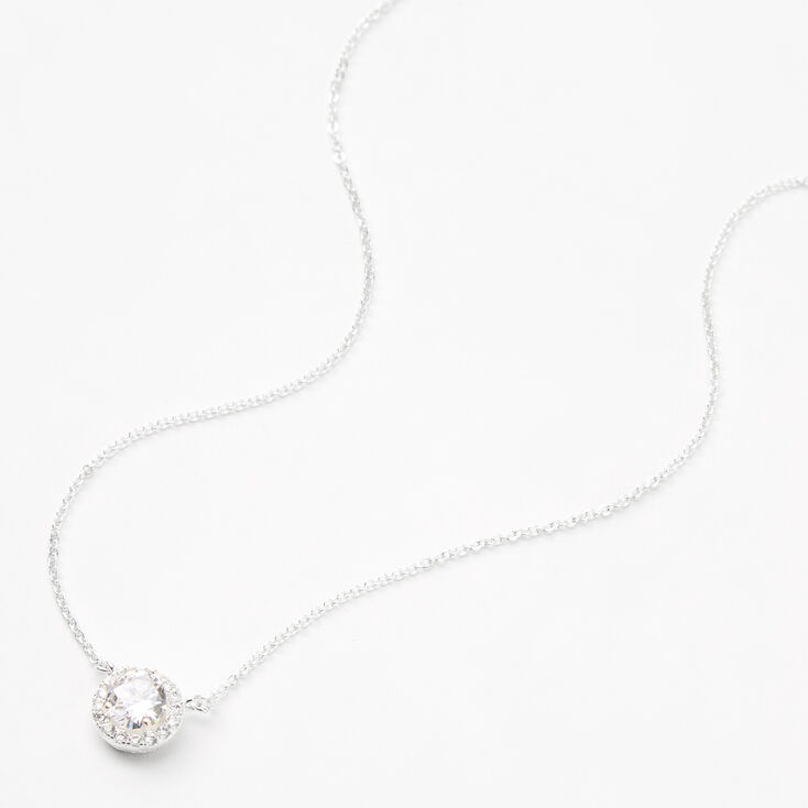 Silver-tone Cubic Zirconia Round Halo Pendant Necklace,