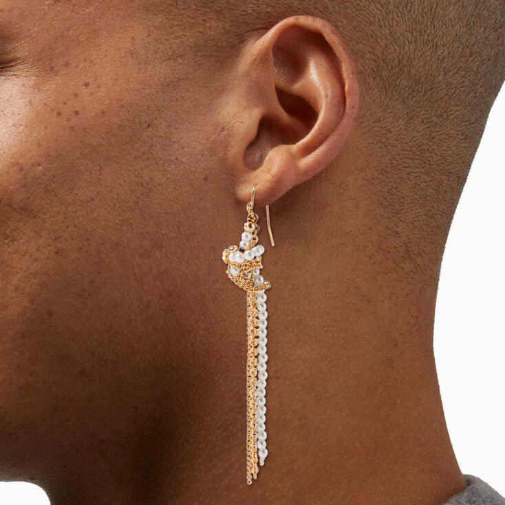 Pearl Knot Gold-tone Chain Fringe 3.5&quot; Linear Drop Earrings,