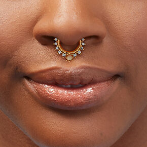 16G Gold-tone Stainless Steel Cubic Zirconia Opal Hoop Septum Nose Ring,