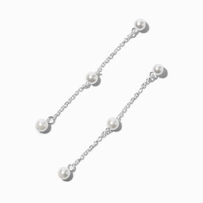 Silver-tone Pearl Station 2&quot; Linear Drop Earrings ,